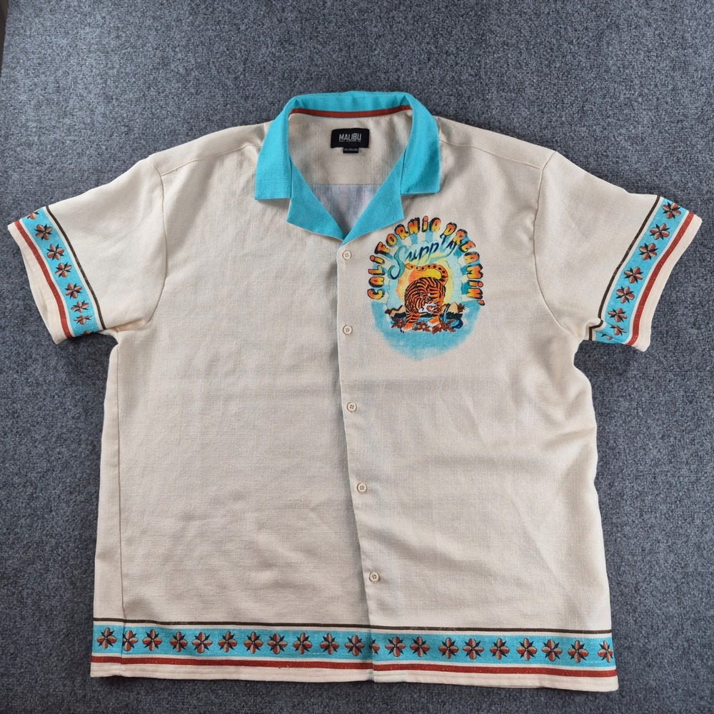 Malibu Drill Clothing Co Mens 3XL California Dreamin Tiger Camp Shirt Beige